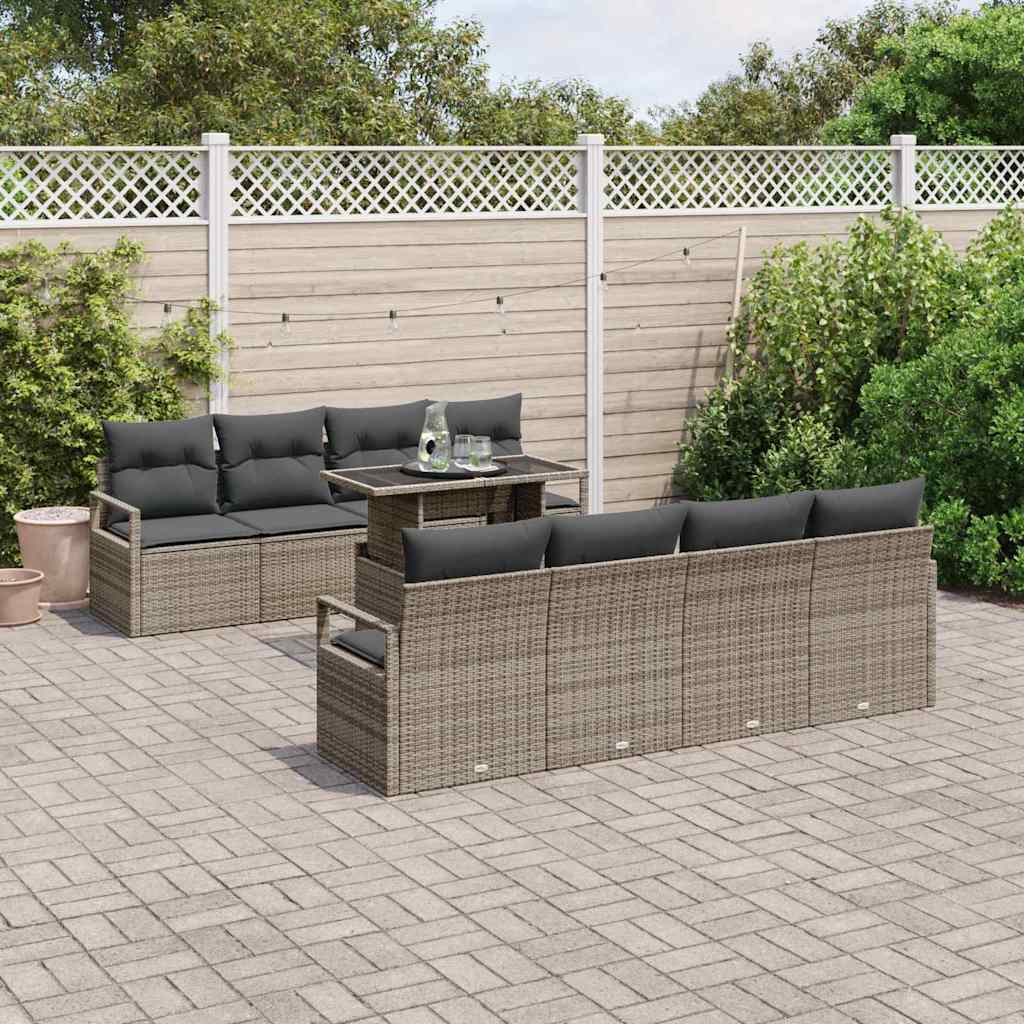 Garten-Sofa-Set mit Speicher 9 pcs Grau Poly Rattan